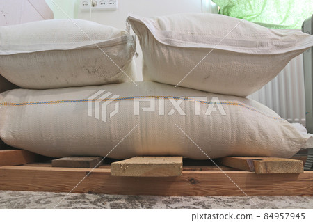 Bags with flour. Flour stocked at home during quarantine time. Bags with flour. Flour stocked at home during quarantine time. 84957945