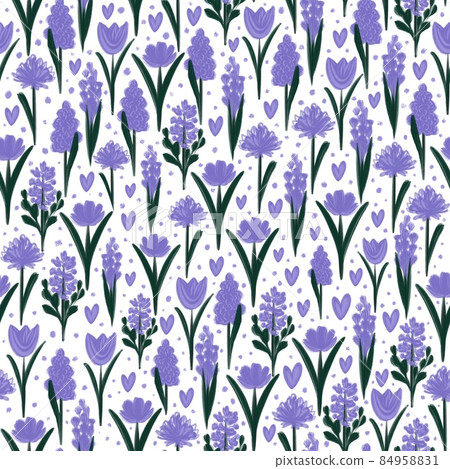 Floral seamless pattern with purple flowers. Watercolor purple flowers. Seamless pattern design. Modern, farmhouse, eclectic. 84958831