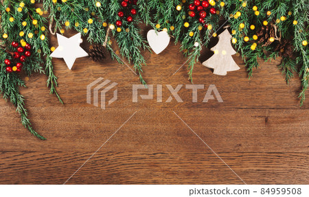 Winter decor on wooden table. Holiday decoration concept. Winter decor on wooden table. Holiday decoration concept. 84959508