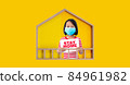 A girl wearing a mask in a model house holding a stay home campaign, Covid-19 concept. 84961982