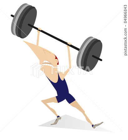 Cartoon man weightlifter isolated illustration. Funny strong man is trying to lift a heavy weight isolated on white 84966843