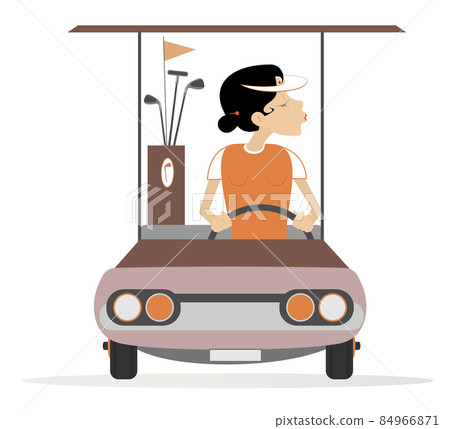 Young golfer woman ride on the golf cart car illustration. Smiling pretty young woman is going to play golf in the golf cart car isolated on white Young golfer woman ride on the golf cart car illustration. Smiling pretty young woman is going to play golf in the golf cart car isolated on white 84966871