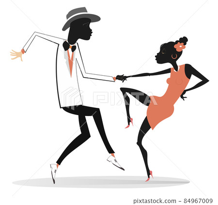 Romantic dancing young African couple isolated illustration. Funny dancing young African man and woman isolated on white 84967009