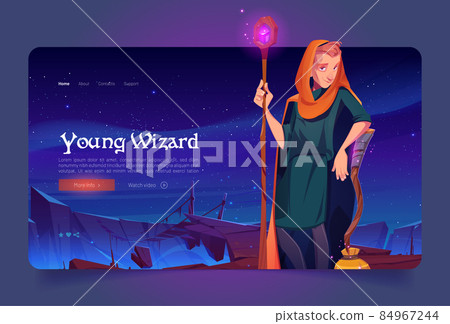 Young wizard with magic staff and broom on rock 84967244