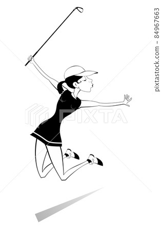 Golfer woman on the golf course isolated illustration. Jumping happy golfer woman holds a golf club black on white 84967663