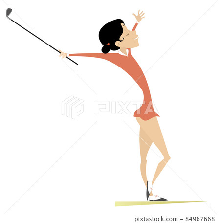 Golfer woman on the golf course illustration. Smiling golfer woman is happy about a good kick isolated on white Golfer woman on the golf course illustration. Smiling golfer woman is happy about a good kick isolated on white 84967668