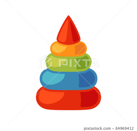 Multicolored baby pyramid with wooden rings. Montessori education logic toy for early childhood development. . Children wooden toy for toddlers. Vector illustration isolated on white background Multicolored baby pyramid with wooden rings. Montessori education logic toy for early childhood development. . Children wooden toy for toddlers. Vector illustration isolated on white background 84969412