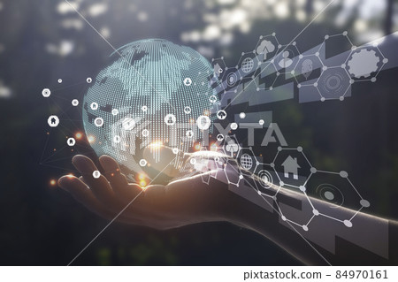 Hand holding circle network communication technology for global.Data in the global computer social.telecommunication,earth cryptocurrency.photo modern technology and communication concept. 84970161