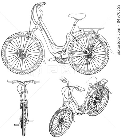 Set with the contours of the detailed bike from black lines, Isolated on white background. Front, side, isometric view. Vector illustration 84970555