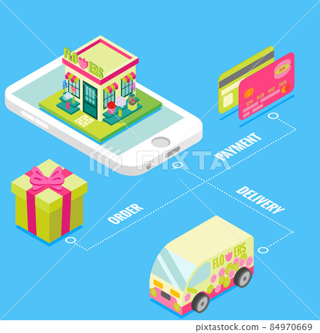 Online flower shop in isometric style design. Buy flowers on internet using mobile smartphone with fast delivery and credit card payments. Isometric 3d isolated icons 84970669