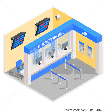 Currency exchange office in isometric style design. Vector flat 3d finance and money isolated icons and elements. Currency exchange booth interior Currency exchange office in isometric style design. Vector flat 3d finance and money isolated icons and elements. Currency exchange booth interior 84970673