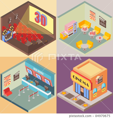 Movie theater building in isometric style design. Vector flat 3d icons. Interior of cinema, cafe, ticket office Movie theater building in isometric style design. Vector flat 3d icons. Interior of cinema, cafe, ticket office 84970675