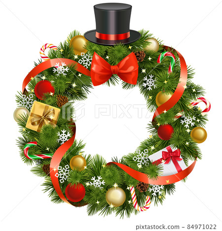 Vector Christmas Pine Fluffy Wreath with Hat Vector Christmas Pine Fluffy Wreath with Hat 84971022