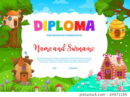 Kids diploma. Acorn and nest, honeycomb and caramel cartoon fairy houses. Vector award certificate with fantasy dwellings of forest gnome or elves. School or kindergarten winner trophy or gift frame Kids diploma. Acorn and nest, honeycomb and caramel cartoon fairy houses. Vector award certificate with fantasy dwellings of forest gnome or elves. School or kindergarten winner trophy or gift frame 84971189