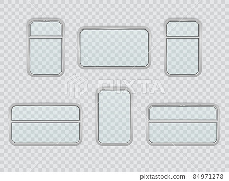 Train, railway, metro and subway realistic interior windows. Vector set of clear glasses with metal frame in wagon. Passenger compartment in railroad transport isolated on transparent background 84971278