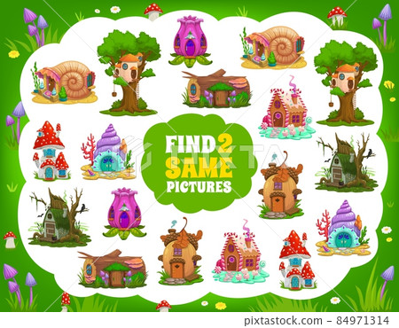 Find two same cartoon fairy houses. Kids riddle maze. Vector game, educational task worksheet with fantasy mushroom, snail shell, sea conch and swamp hut, beehive on tree, gingerbread and acorn homes 84971314