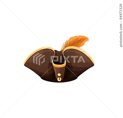 Pirate hat, caribbean captain headwear isolated sailor cap icon. Vector tricorn cocked hat, Halloween carnival head costume accessory, robber outfit with broad poles, seafarer headdress with feathers 84971329