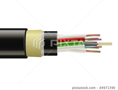Fiber optic tight cable, broadband speed internet cable. Vector realistic flexible electric copper wires in winding. Network optic tight cable, isolated connection equipment, 3d Fiber optic tight cable, broadband speed internet cable. Vector realistic flexible electric copper wires in winding. Network optic tight cable, isolated connection equipment, 3d 84971390