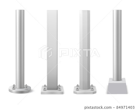 Metal steel poles and pillars. Realistic vector metallic columns screwed with bolts and screw-nut to massive round and square base. Architectural, industrial construction support poles 84971403