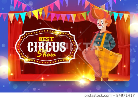 Shapito circus cartoon clown in big trousers on circus stage. Vector funny man clown character, carnival funster or jester in bright costume, periwig, makeup and fake nose performing a magic show 84971417