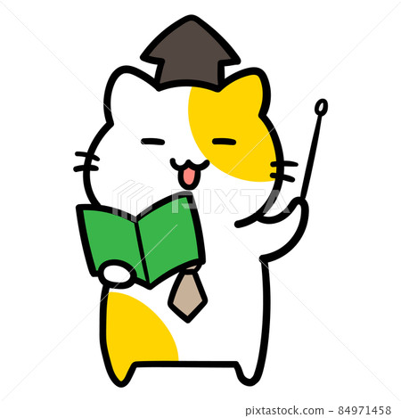 Handwritten style illustration of a cute cat character who squints and teaches 84971458