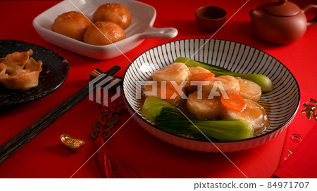 Yummy braise bean curd with sauce. Traditional Chinese food. 84971707