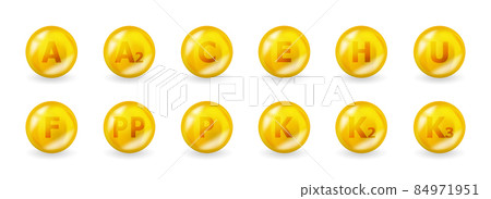 Set of multi vitamin complex. Vitamin A, C, D, E, F and more. Multivitamin supplement illustration concept. 84971951
