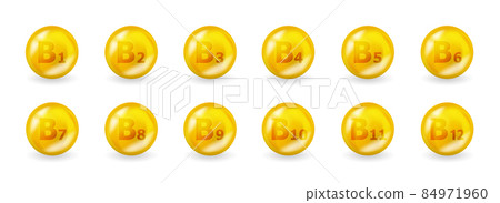 Set of B vitamin complex. Vitamin B1, B3, B6, B9, B12 and more. 3D Multivitamin supplement illustration concept. 84971960