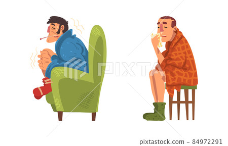 Sick Man Sitting on Chair Wrapped in Blanket Wearing Knitted Socks Vector Set 84972291