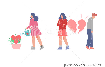 Couple with Broken Heart and Woman Watering Plant Vector Set 84972295