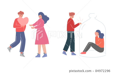 Couple Holding Heart Feeling Love and Sad Man Knocking Jar with Sitting Woman Vector Set 84972296