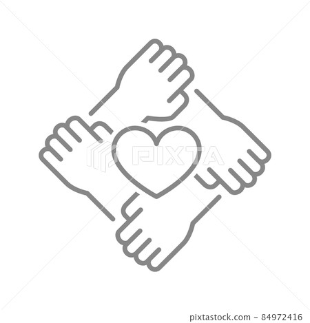 Heart and four hands line icon. Donation, solidarity symbol 84972416