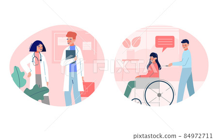 Hospital with Medical Staff Seeing Patient Engaged in Consultation and Diagnosis Vector Set Hospital with Medical Staff Seeing Patient Engaged in Consultation and Diagnosis Vector Set 84972711