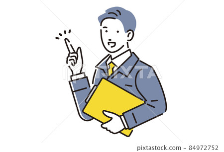 A man in work clothes holding a binder and pointing his finger 84972752