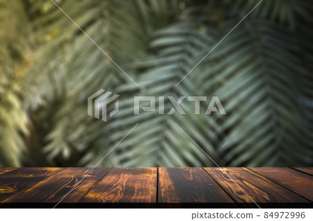 Jungle table background. Interior table for a cosmetic item against the backdrop of tropical plants, palms and jungle. Jungle table background. Interior table for a cosmetic item against the backdrop of tropical plants, palms and jungle. 84972996