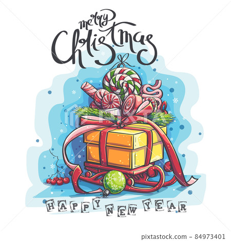Calendar cover 2022 box with gifts, chocolates, winter red sleigh Calendar cover 2022 box with gifts, chocolates, winter red sleigh 84973401