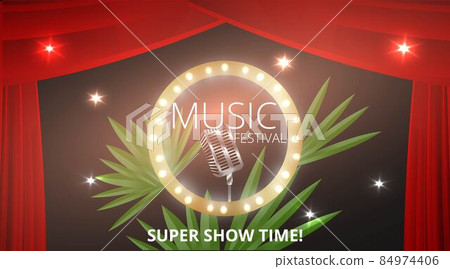 Music Festival night show poster, Cinema and Theatre hall with seats velvet curtains. Shining light bulbs vintage and luxury flyer, glowing spotlights vintage Music Festival night show poster, Cinema and Theatre hall with seats velvet curtains. Shining light bulbs vintage and luxury flyer, glowing spotlights vintage 84974406