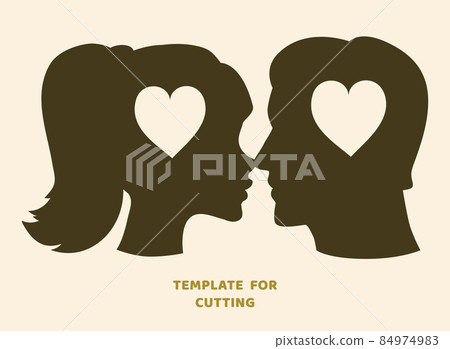 Template for laser cutting, wood carving, paper cut. Silhouettes for cutting. Woman and Man head with heart stencil. Template for laser cutting, wood carving, paper cut. Silhouettes for cutting. Woman and Man head with heart stencil. 84974983