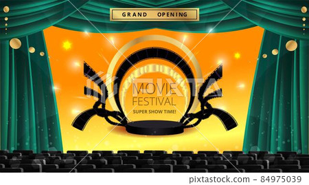 Cinema and film Theatre hall, movie presentation and competition velvet curtains. Shining light bulbs vintage and luxury festival flyer, Cinema and film Theatre hall, movie presentation and competition velvet curtains. Shining light bulbs vintage and luxury festival flyer, 84975039