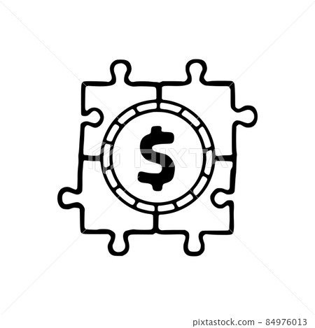 Puzzle and dollar coin doodle icon. A valid business strategy that is profitable vector illustration 84976013