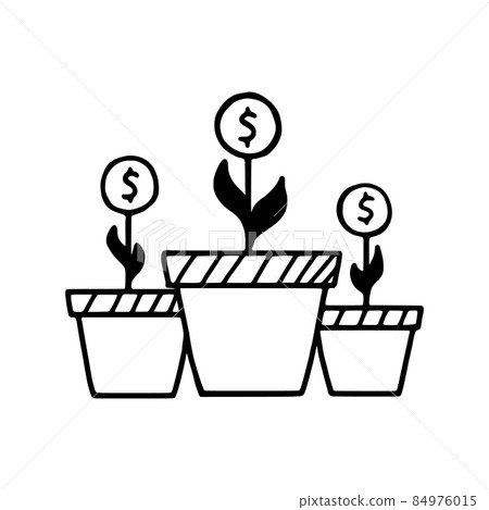 Potted plant and coins doodle icon. Return on investment. Investment income or investment growth. Vector illustration 84976015