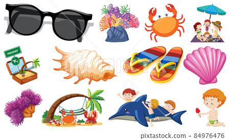 Set of summer beach objects and cartoon characters 84976476