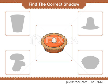 Find the correct shadow. Find and match the correct shadow of Pie. Educational children game, printable worksheet, vector illustration Find the correct shadow. Find and match the correct shadow of Pie. Educational children game, printable worksheet, vector illustration 84976610