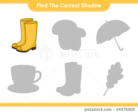 Find the correct shadow. Find and match the correct shadow of Rubber Boots. Educational children game, printable worksheet, vector illustration 84976900