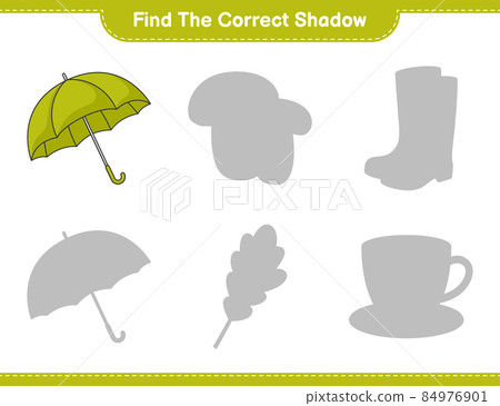 Find the correct shadow. Find and match the correct shadow of Umbrella. Educational children game, printable worksheet, vector illustration Find the correct shadow. Find and match the correct shadow of Umbrella. Educational children game, printable worksheet, vector illustration 84976901