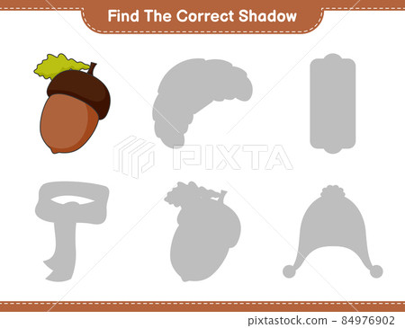 Find the correct shadow. Find and match the correct shadow of Acorn. Educational children game, printable worksheet, vector illustration Find the correct shadow. Find and match the correct shadow of Acorn. Educational children game, printable worksheet, vector illustration 84976902