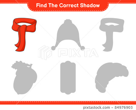 Find the correct shadow. Find and match the correct shadow of Scarf. Educational children game, printable worksheet, vector illustration Find the correct shadow. Find and match the correct shadow of Scarf. Educational children game, printable worksheet, vector illustration 84976903