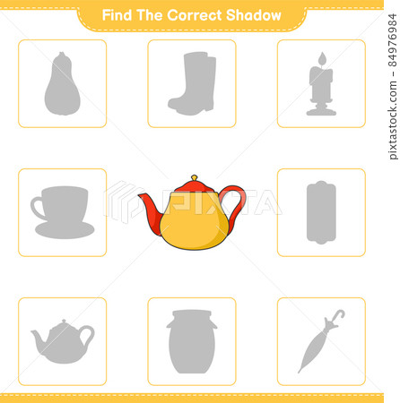 Find the correct shadow. Find and match the correct shadow of Teapot. Educational children game, printable worksheet, vector illustration Find the correct shadow. Find and match the correct shadow of Teapot. Educational children game, printable worksheet, vector illustration 84976984
