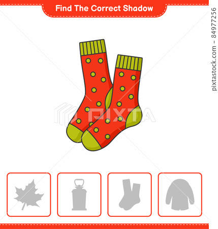 Find the correct shadow. Find and match the correct shadow of Socks. Educational children game, printable worksheet, vector illustration Find the correct shadow. Find and match the correct shadow of Socks. Educational children game, printable worksheet, vector illustration 84977256
