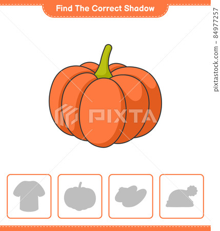 Find the correct shadow. Find and match the correct shadow of Pumpkin. Educational children game, printable worksheet, vector illustration Find the correct shadow. Find and match the correct shadow of Pumpkin. Educational children game, printable worksheet, vector illustration 84977257